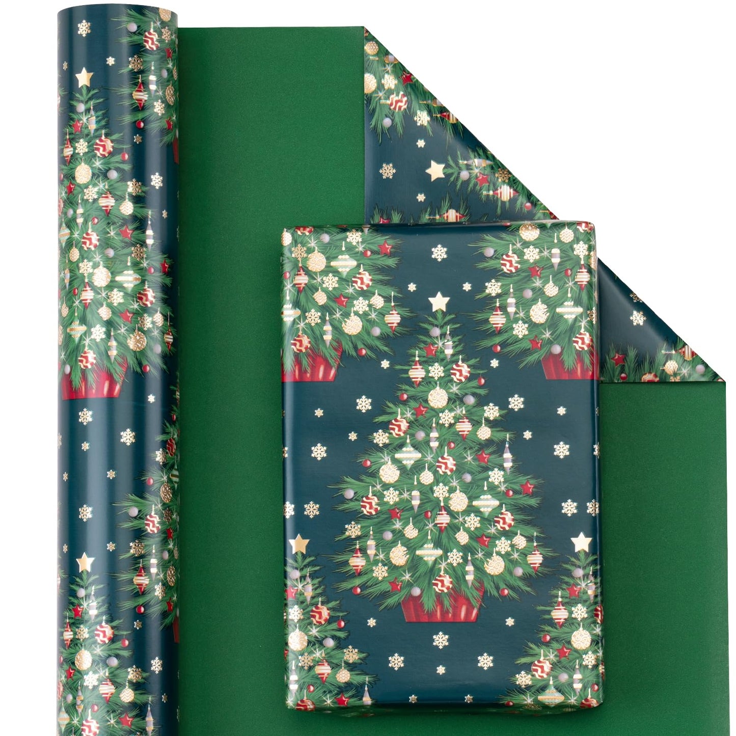 WRAPAHOLIC Reversible Green Christmas Wrapping Paper - Mini Roll - 17 Inch x 33 Feet - Green Christmas Tree Wrapping Paper for Holiday, Party Celebration
