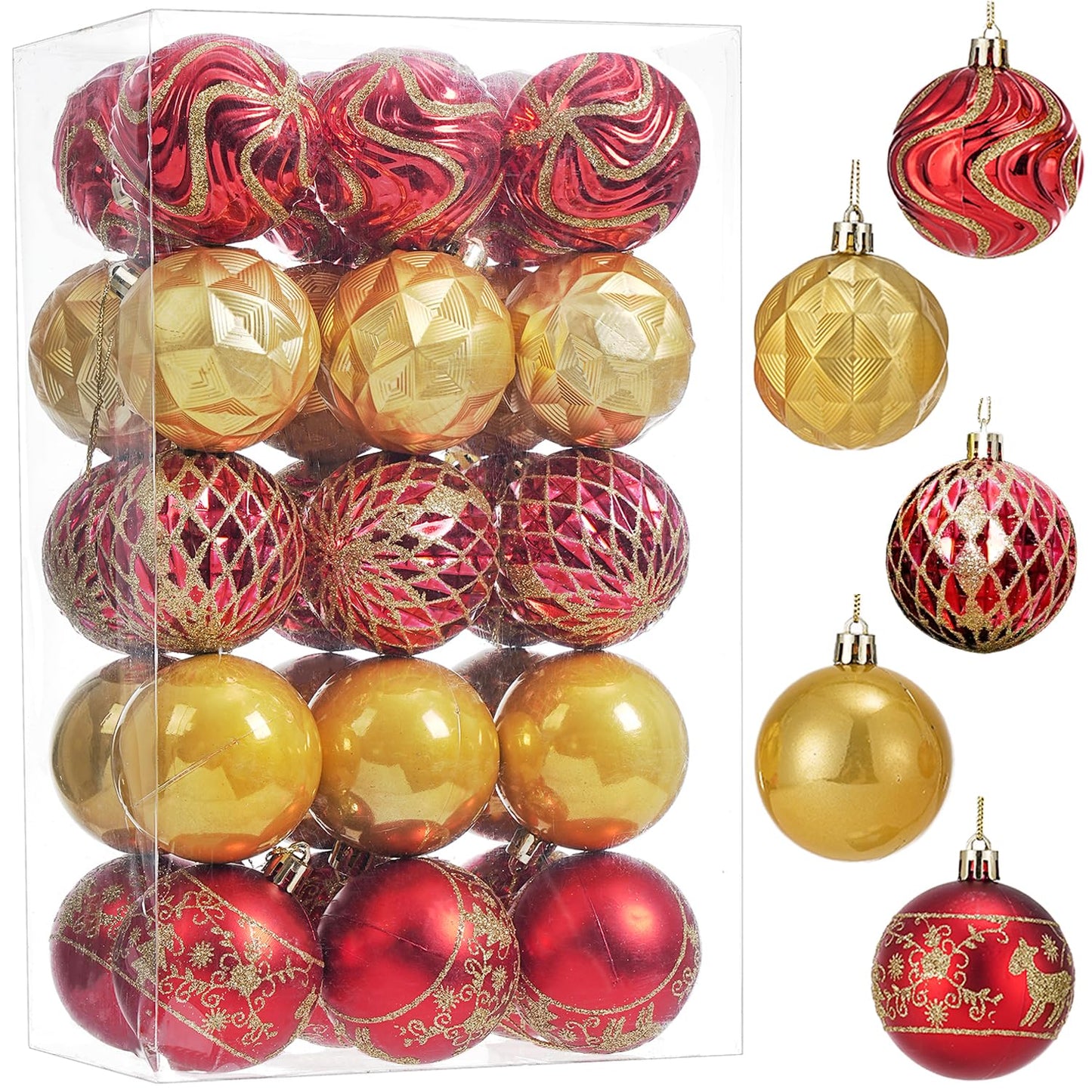 30ct Christmas Ball Ornaments Shatterproof Christmas Hanging Tree Decorative Balls for Party Holiday Wedding Decor Red Gold, 2.36", 60mm