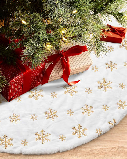 COOLWUFAN 48 Inches Faux Fur Christmas Tree Skirt for Xmas Tree Holiday Party Decoration White Plush Gold Sequin Snowflake (Gold)