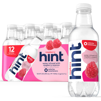 Hint Fruit-Infused Bottled Water, Raspberry - Sugar Free Flavored Water with Zero Calories, Naturally Flavored, and No Artificial Sweeteners - 16 Fl Oz (Pack of 12)