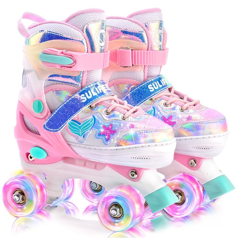 SULIFEEL Roller Skates for Girls Kids with Light Up Wheels, Adjustable 4 Sizes for Little Kids Toddler Beginner Rollerskates