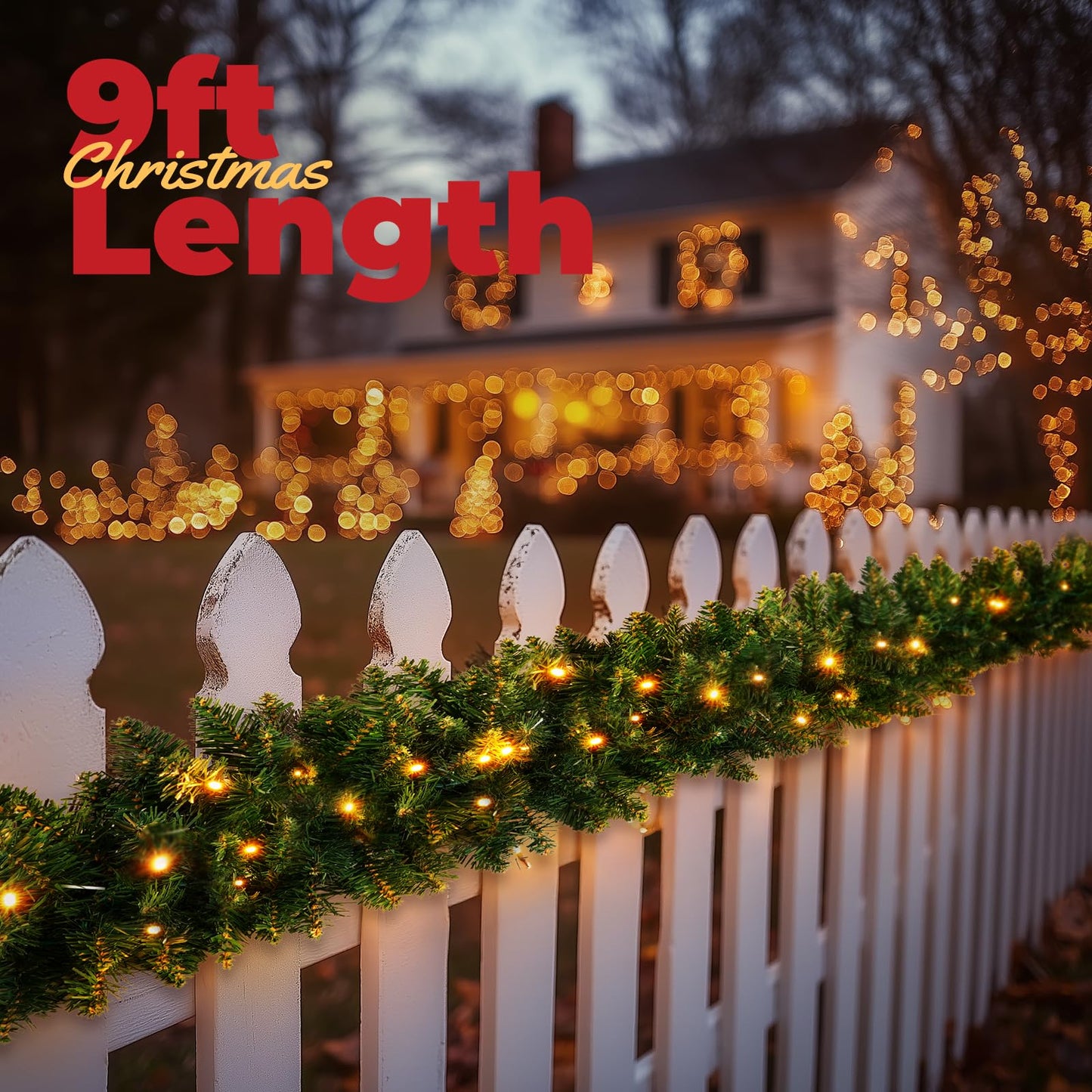 ANOTHERME 9 FT Pre-lit Christmas Garland Holiday Artificial Decor, Christmas Garland with Lights for Stairs Wall Door Indoor Outdoor Garland with Battery Operated Timer