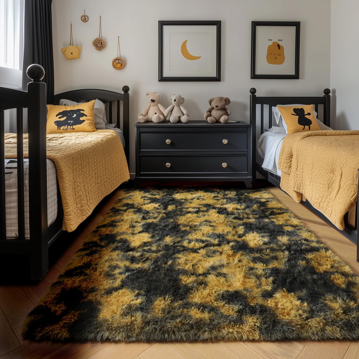 Amdrebio Black Gold Yellow Grey Rugs for Bedroom Living Room Decor, Fluffy Furry Fuzzy Shaggy Area Rug 4x6 for Kids Room Dorm Home Office, Modern Cool Leopard Cheetah Shag Carpet for Teen Boys Men