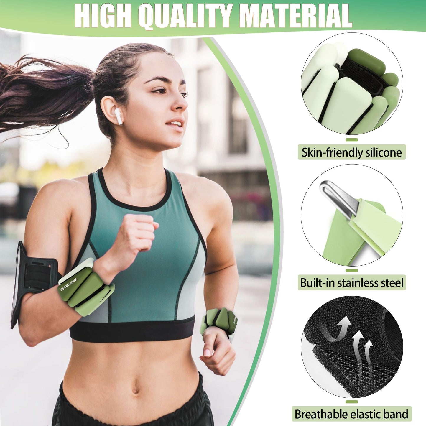 BECOJADDE Wrist Weights for Women At Home 1Lb Ankle Weights Set of 2 Adjustable Weighted Wristbands Arm Leg Weights for Women Men Suitable for Walking Swimming Running Pilates Yoga Gym, Green