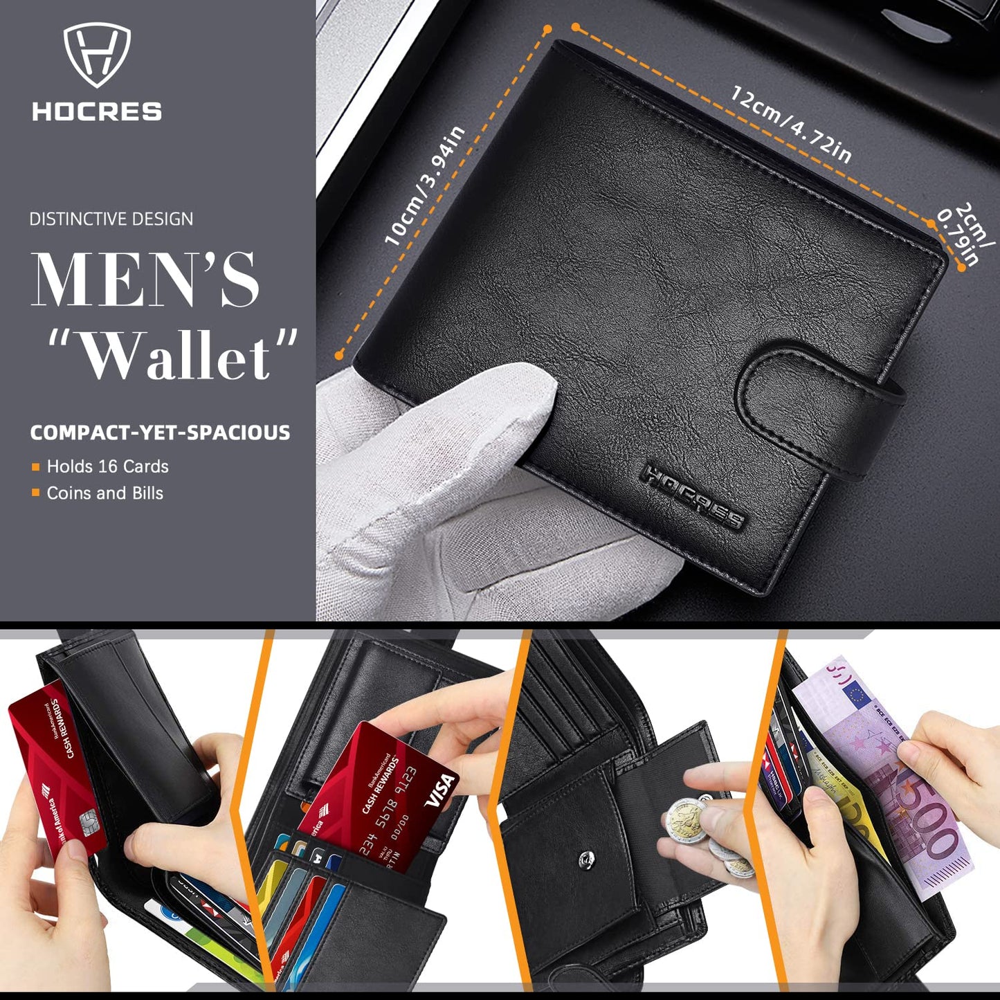 HOCRES Wallets for Men, RFID Blocking Wallet,Mens Wallet, Leather Wallet with 14 Credit Card Holders, 2 Banknote Compartments, 2 ID Window, Minimalist Mens Wallet with Gift Box, Black