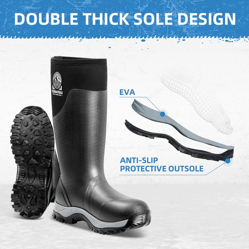 TerraTrax Men's Waterproof Insulated Rubber Hunting Boots – 6mm Neoprene Rain Boots for Outdoor Work, Fishing, Farming & Gardening Black Size 8