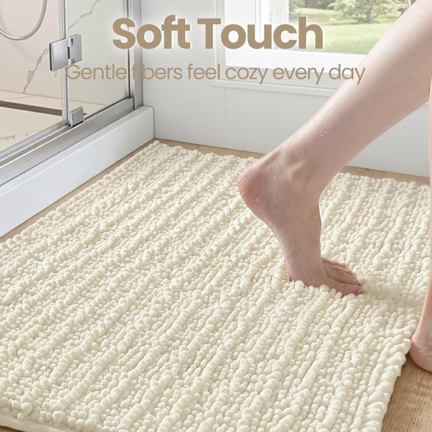 DEXI Bathroom Rugs 24x16, Super Soft Thick Chenille Absorbent Bath Mat, Non Slip Machine Washable Fluffy Shag Bathmat for Tub, Shower Floor, Ivory