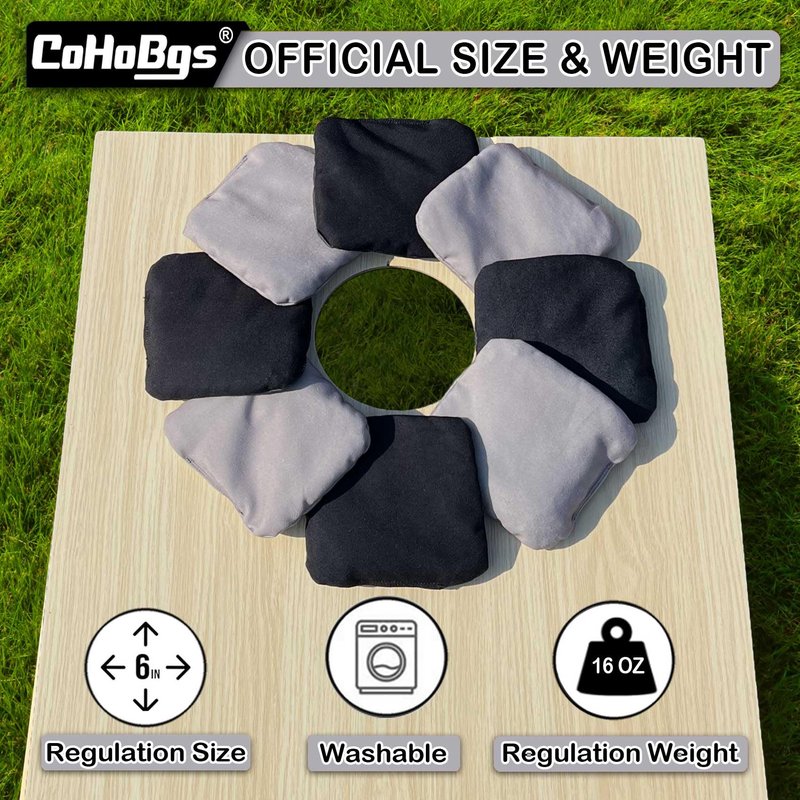 CoHoBgs Corn Hole Bags Set 8, Professional Cornhole Bags Dual-Sided Slick & Stick Resin Filled Suede and Duck Canvas Bean Bag for Cornhole Game Includes Carry Case