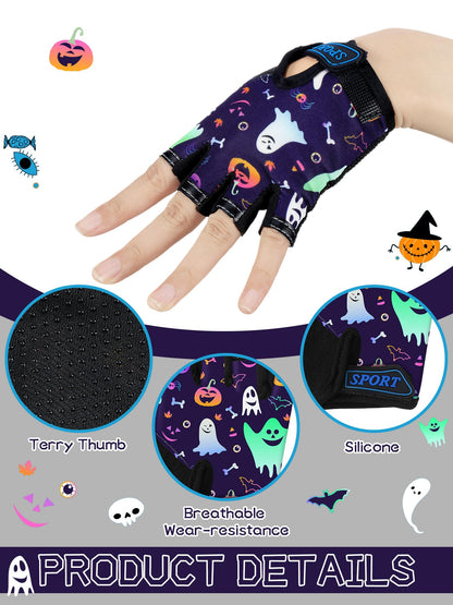 Boao 3 Pairs Kids Bike Gloves Kids Half Finger Fingerless Workout Gloves Non-Slip Gel for Bike Motorcycle(Halloween 1,3-5 Years)