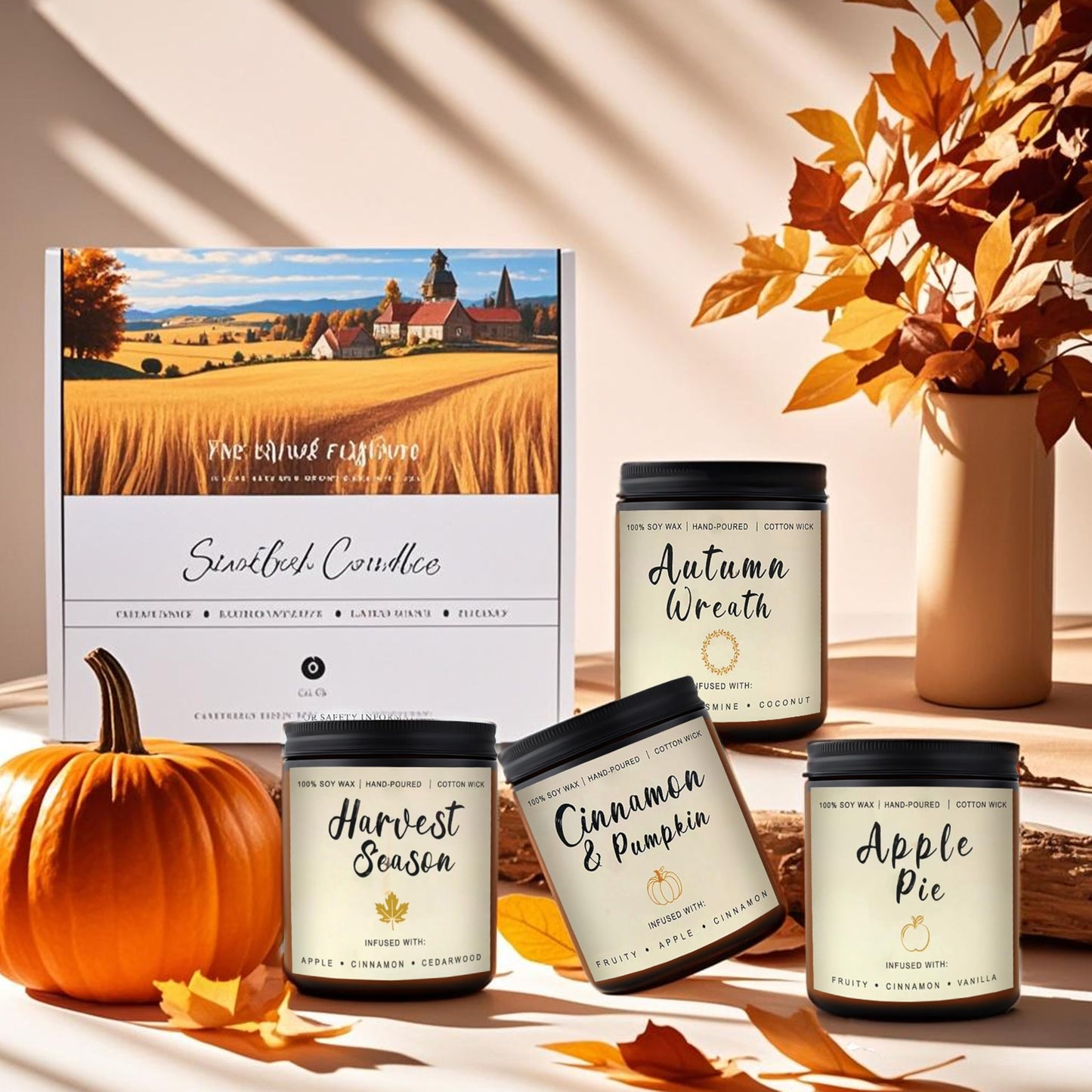Fall Candles Gift Set – 4 Pack Scented Soy Candles for Home, Autumn Decor, Fall Decorations, Pumpkin Spice, Apple Pie, Cinnamon, Harvest – Great for Halloween & Thanksgiving Gifts