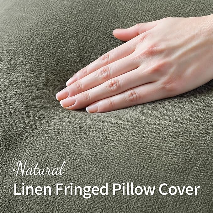 MIULEE Decorative Throw Pillow Covers Neutral Linen Fringe Throw Pillows Set of 2 Light Olive Green Boho Farmhouse Cushion Covers for Couch Sofa Bed Living Room Spring Home Decor 20x20 Inch
