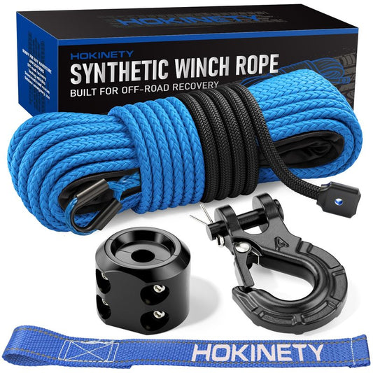 HOKINETY Synthetic Winch Rope Kit - 1/4" x 50' 10000 lbs Synthetic Winch Cable for ATV UTV Off-Road Vehicles with Forged Hook, Rubber Stopper, Protective Sleeve and Safety Pull Strap - Blue
