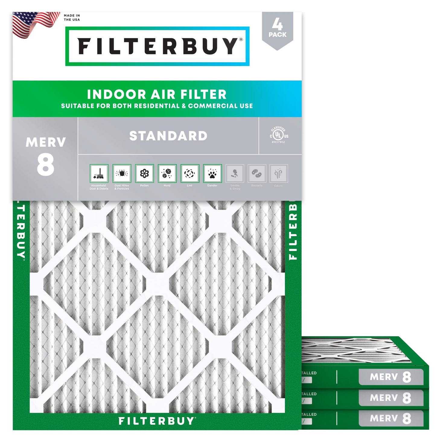 Filterbuy 30x36x1 Air Filter MERV 8 Essential Dust & Allergy Defense (4-Pack), Electrostatic Pleated HVAC AC Furnace Filters Replacement, Made in USA (Actual Size: 29.81 x 35.81 x 0.75)