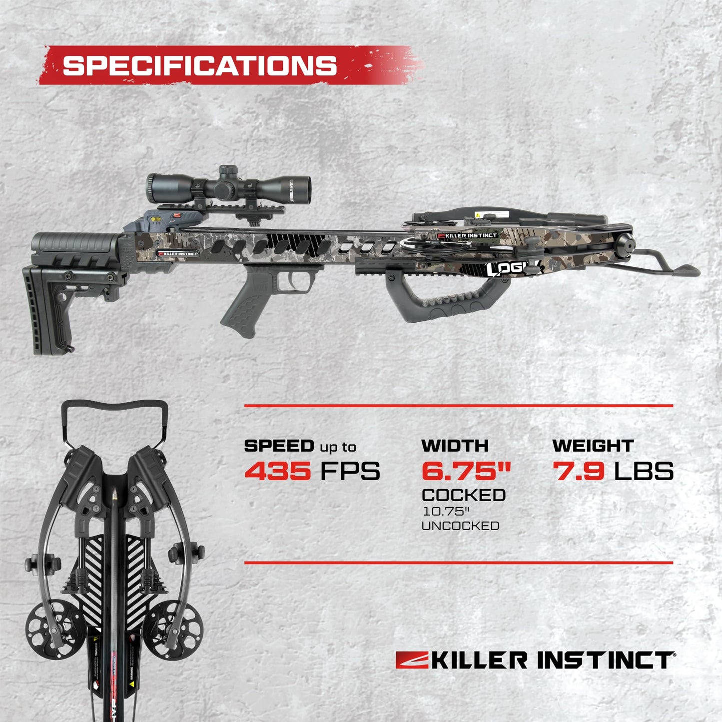Killer Instinct LOGIX 435 Crossbow Kit 435 FPS 210 LB Draw Weight - LET-Down DE-Cocking Triggerbox with X CAM System and Illuminated 4x32 Scope