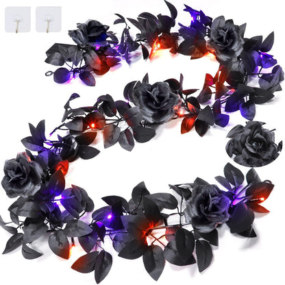 Timer - 6 Feet Halloween Garland with Lights, Artificial Black Garland with Black Roses 20 LED Purple Orange Lights for Halloween Decorations Indoor Outdoor Table Fireplace Home Decor