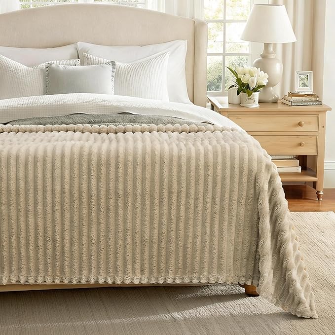 decorUhome Soft Fleece Light Brown Blanket King Size for Bed, Cozy Fluffy Plush Flannel Large Striped Throws for Couch Sofa, Lightweight Decorative Fuzzy Blanket for Woman, 108x90 Inches