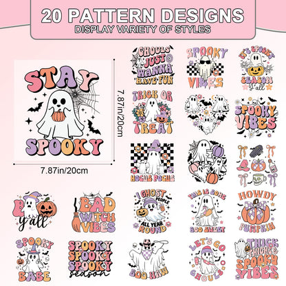 Shejdgart Dtf Transfers Ready to Press - 20 Pcs Halloween Iron on Patches for T-Shirts, Cut Ghost Bat Heat Transfer Designs Vinyl Stickers, Iron on Decals for DIY Clothes Bags