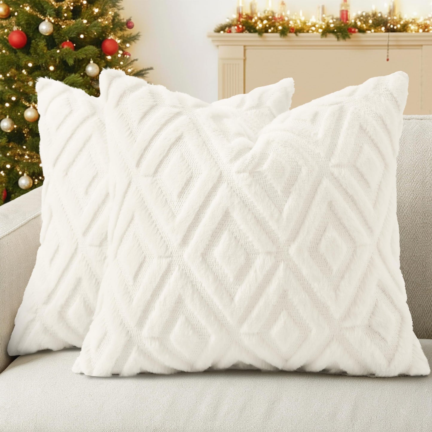 decorUhome Christmas Couch Throw Pillow Covers 18x18 Set of 2, Decorative Soft Plush Faux Wool Neutral Accent Pillow Covers for Bed Sofa Living Room, Cream White