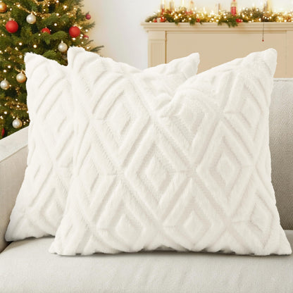 decorUhome Christmas Couch Throw Pillow Covers 18x18 Set of 2, Decorative Soft Plush Faux Wool Neutral Accent Pillow Covers for Bed Sofa Living Room, Cream White