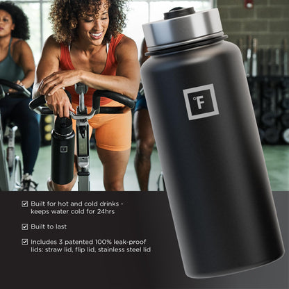 IRON °FLASK Camping & Hiking Hydration Flask with 3 Lids - Stainless Steel, Double Walled & Vacuum Insulated Water Bottle - Leak Proof & BPA Free (Midnight Black, Straw - 32 oz)