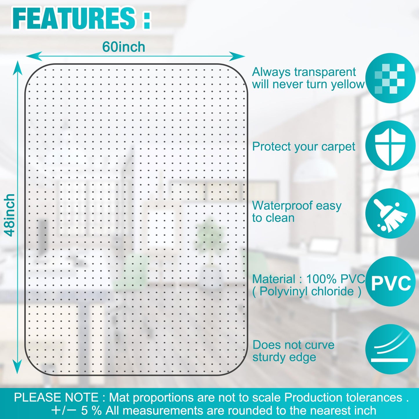 BesWin Office Chair Mat for Carpeted Floors, 60" X 48" Transparent Desk Chair Mat for Low Pile Carpets, Plastic Floor Mat for Office Chair on Carpet for Work, Home, Gaming, Easy Glide (Rectangle)