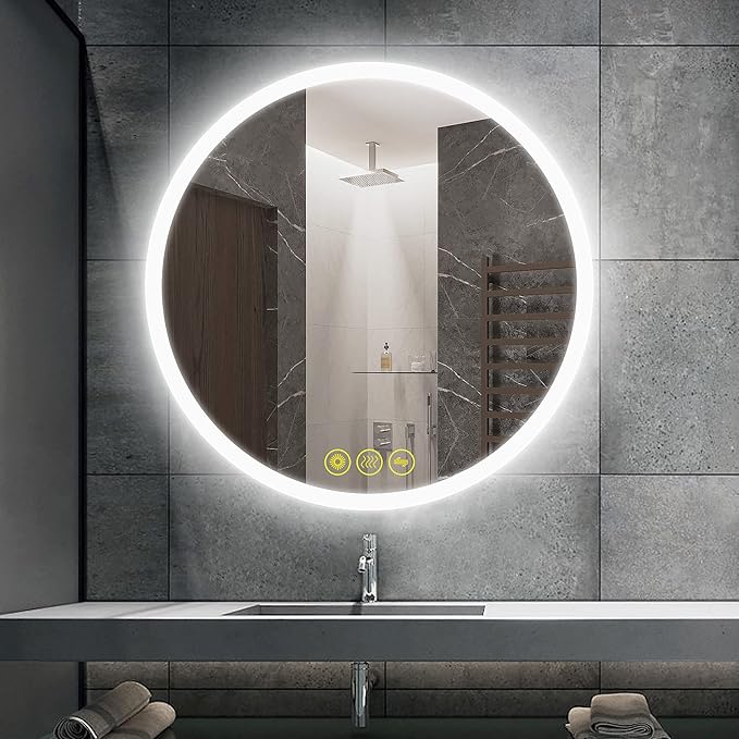 OKISS Led Lighted Bathroom Mirror, Large Round 32 inch Wall Mount Vanity Mirror, Frameless Backlit Mirror, Smart Lighted Mirror with Touch Dimmer Switch, Anti-Fog, 3 Color Tones