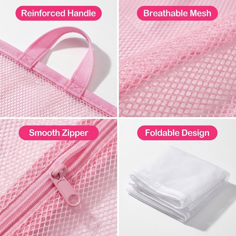 2 PCS Ball Pit Balls Bags - Storage Mesh Bag with Zipper Suitable for Storage,Sturdy and Durable,Large Size 17.7 x 11.8 x 13.7 Inches, Pink & White(Only Storage Bag,No Ball)