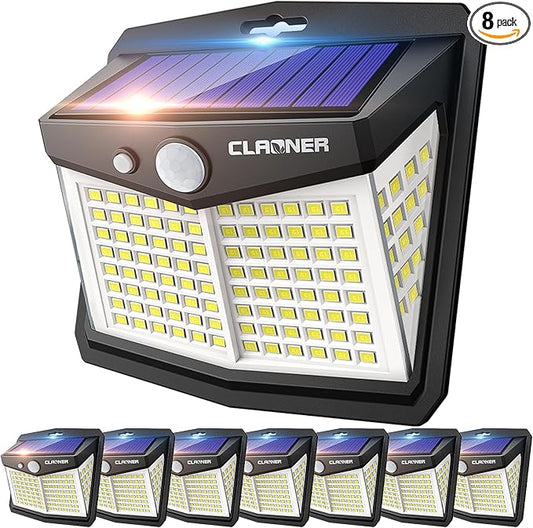 CLAONER Solar Lights Outdoor, [128 LED/8 Packs] Solar Motion Lights 3 Working Modes Wall Lights with 270°Wide Angle Wireless IP65 Waterproof Motion Sensor Outdoor Deck Light, Cold White