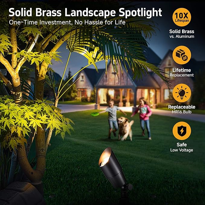 Gardenreet LED Spot Light Outdoor - Die-Cast Brass 12V Uplighting Waterproof, Low Voltage Landscape Lights Metal, Black for Fence Fountain with Daytime White MR16 Replaceable Bulbs (12 Pack)