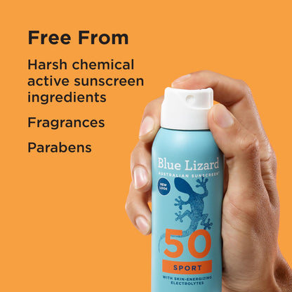 BLUE LIZARD Sport Mineral Sunscreen Spray SPF 50+, Dermatologist-Recommended Brand, Broad-Spectrum UVA/UVB Protection, Water-Resistant, Zinc Oxide Formula, Vegan, 5 fl oz