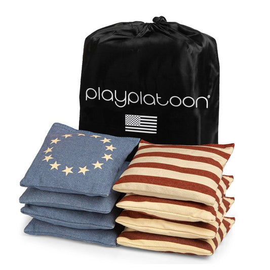 Play Platoon Weather Resistant Cornhole Bags - Set of 8 Regulation Corn Hole Bean Bags - Betsy Ross Vintage American Flag - Durable Duck Cloth Corn Hole Bag for Tossing Game, Includes Tote Bag