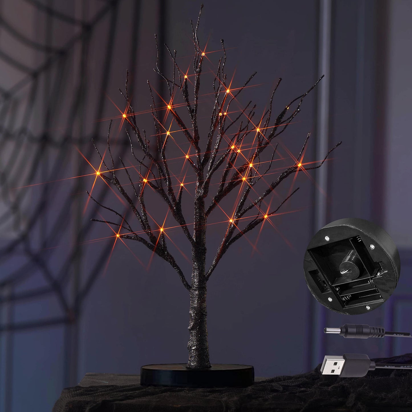 Hairui Lighted Tabletop Black Glittered Spooky Tree with Orange Lights 24 LED 18 Inches for Halloween Witch Decoration Battery Operated or USB Plug in Indoor Use