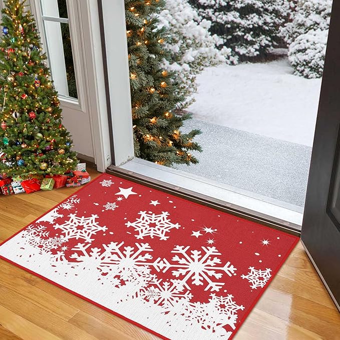 CAROMIO Christmas Doormat 20 x 32 Inch Holiday Xmas Decorative Door Mat Winter Christmas Snowflakes Welcome Mat Outdoor Indoor Non Slip Entrance Floor Door Mat Front Porch for Home Decoration