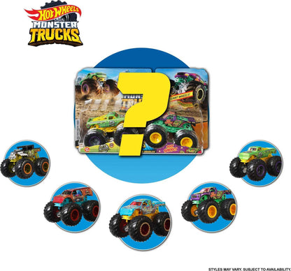Hot Wheels Monster Trucks 2-Pack, Demolition Doubles Set of 2 Toy Vehicles in 1:64 Scale, for Kids & Collectors (Styles May Vary)