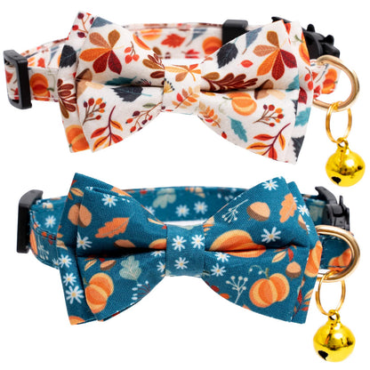 2 Pack Cotton Fall Cats Collar with Bow Tie Orange Green Cat Collars for Girl Female Boy Male Cat Collar with Bell Halloween Collars for Cats
