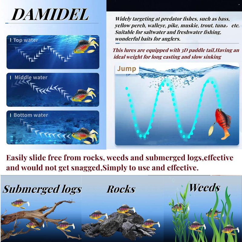 DAMIDEL 6Pcs Pre-Rigged Jig Head Soft Fishing Lures，Paddle Tail Swimbaits/3D Eyes/Spinner Blades for Bass Fishing,Hidden Ultra-Sharp Hook in the top fin,Fishing Bait for Freshwater Saltwater