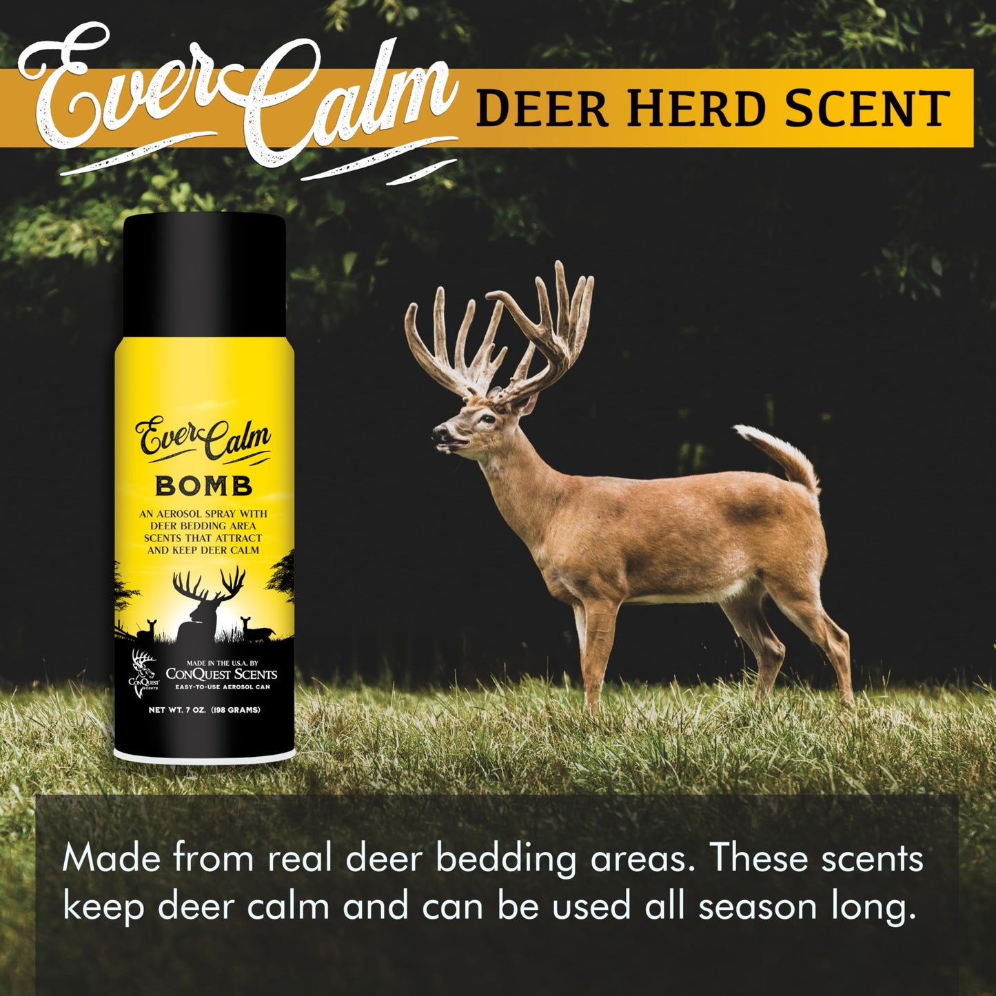 Conquest Scents EverCalm Deer Scent Bomb – Deer Attractant Spray & Calming Scent, All-Season Effectiveness, Versatile Hunting Aerosol Canister, 7.0 oz