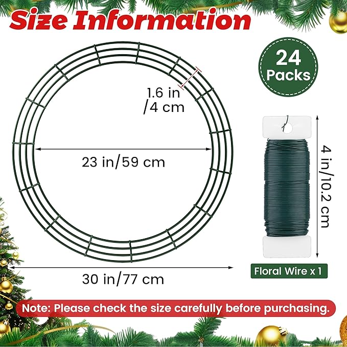 Fovths 24 Pieces Metal Christmas Wire Wreath Frame 30 Inch Green Wreath Ring with Floral Wire Form Front Door Garland Frame for Christmas Wedding Home DIY Crafts Supplies