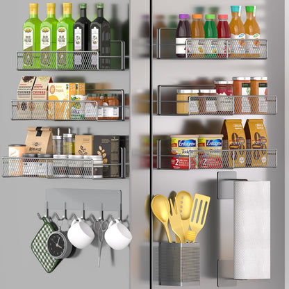 Magnetic Spice Rack for Refrigerator, 6 Pack 100% Metal Strong Magnet Shelf, Space Saving Spice Organizer, Home Kitchen Laundry Room Storage Organization W/ Paper Towel Holder, Utensils Racks (Grey)