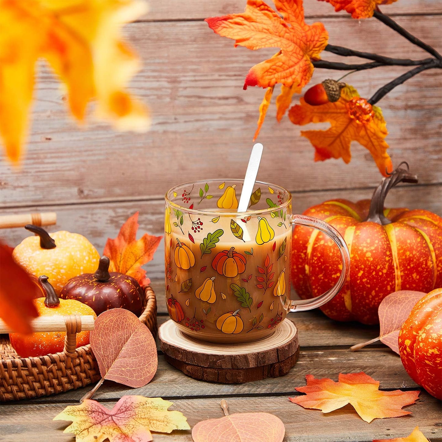 CHENGU Pumpkin Mug with Handle, 15 oz Clear Pumpkin Glass Cup Gift Fall Cup with Stainless Steel Spoon for Coffee Tea Milk Stuff Decor for Christmas Thanksgiving