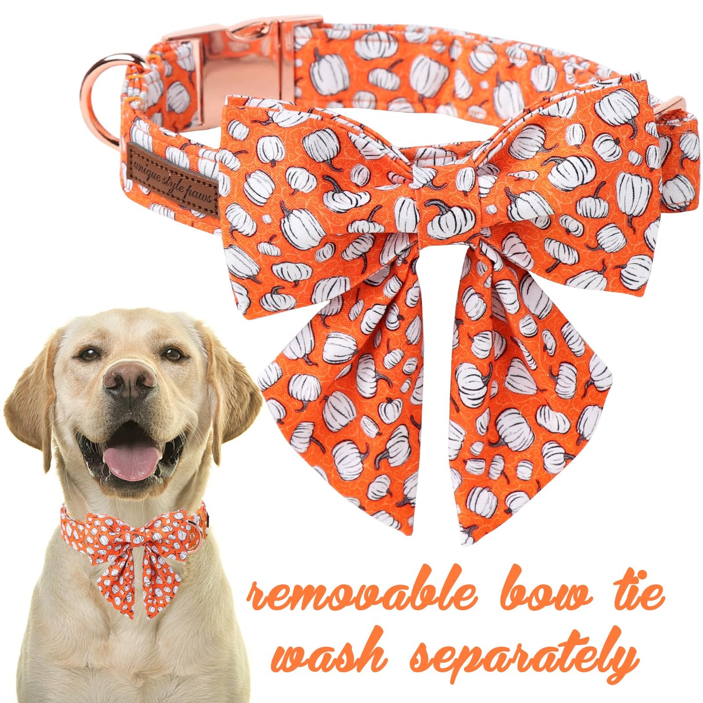 Unique Style Paws Halloween Day Dog Collar with Bowtie Line Pumpkin Cotton Dog Collars for Small Medium Large Dogs