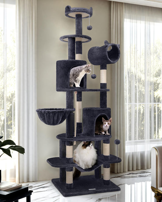 Globlazer Artistic Curved Cat Tower for Small Cats (Under 12 lbs), 81-inch Slim Design Cat Tree with Space-Saving Design, Indoor Cat Condo with Hammock & Tunnel, C81, Dark Gray, Non-Large Cats