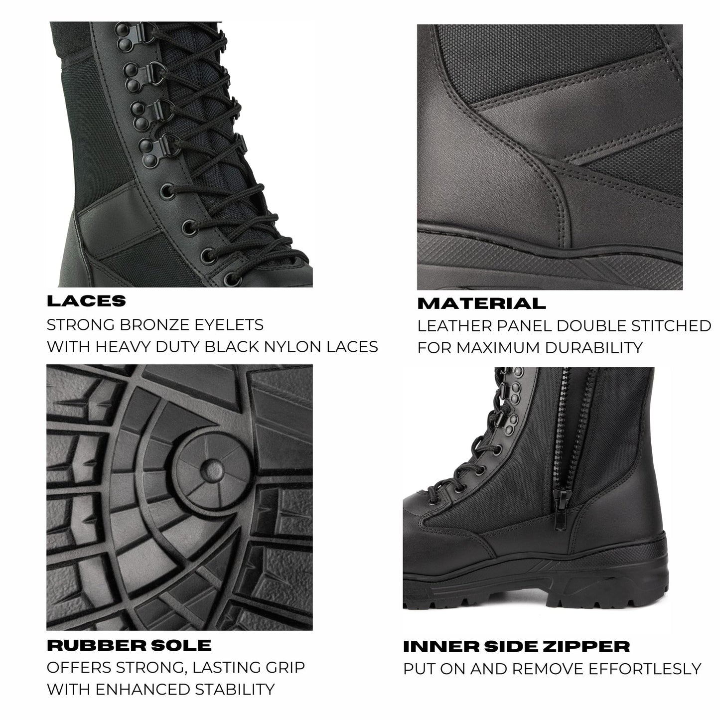 Savage Island Leather Side Zip & Lace Up Army Tactical Combat Boots Black for Work, Security, Motorcycle, Cadet