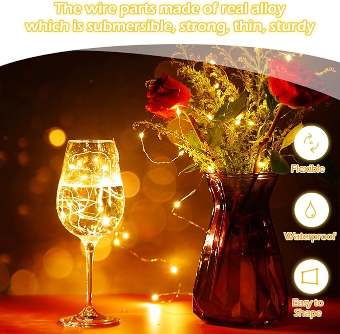Hortsun 20 Packs Fairy Lights Battery Operated 3 Speed Modes, 7 Ft/ 2 M 20 LED Battery String Mini Waterproof Wire Twinkle Lights Bulk for Wedding Party Birthday Vases (Warm White)