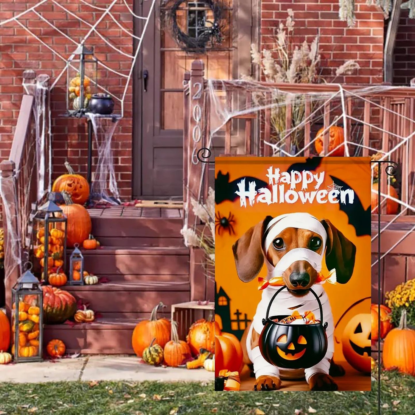 abzdfty Halloween Dog Garden Flag 12x18 Inch Double Sided Happy Halloween Pumpkin Garden Flags Yard Flag for Outside, Patio, Porch and Lawn