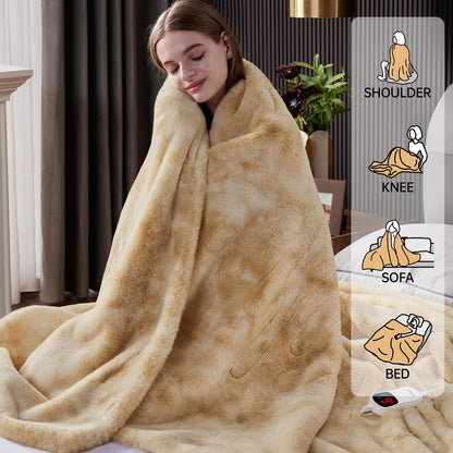 Guohaoi Heated Blanket Electric Throw, Soft Faux Rabbit Fur Electric Blanket with 10 Heating Levels 5 Sitting Timer Auto Off, Cozy Warm Heating Blankets, Machine Washable(50"×60" Beige)