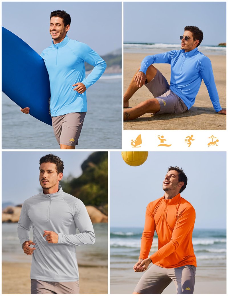 TACVASEN Men Long Sleeve Swim Shirts Sun Protection Quick Dry 1/4 Zip Pullover Running Workout Shirts Fluorescent Green L