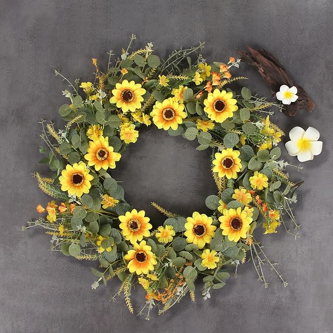 24" Sunflower Wreath for Front Door - Artificial Floral Lush Summer Wreath with Adjustable Headband & DIY Decor for Wall, Home, Wedding, Party, Christmas (Yellow)