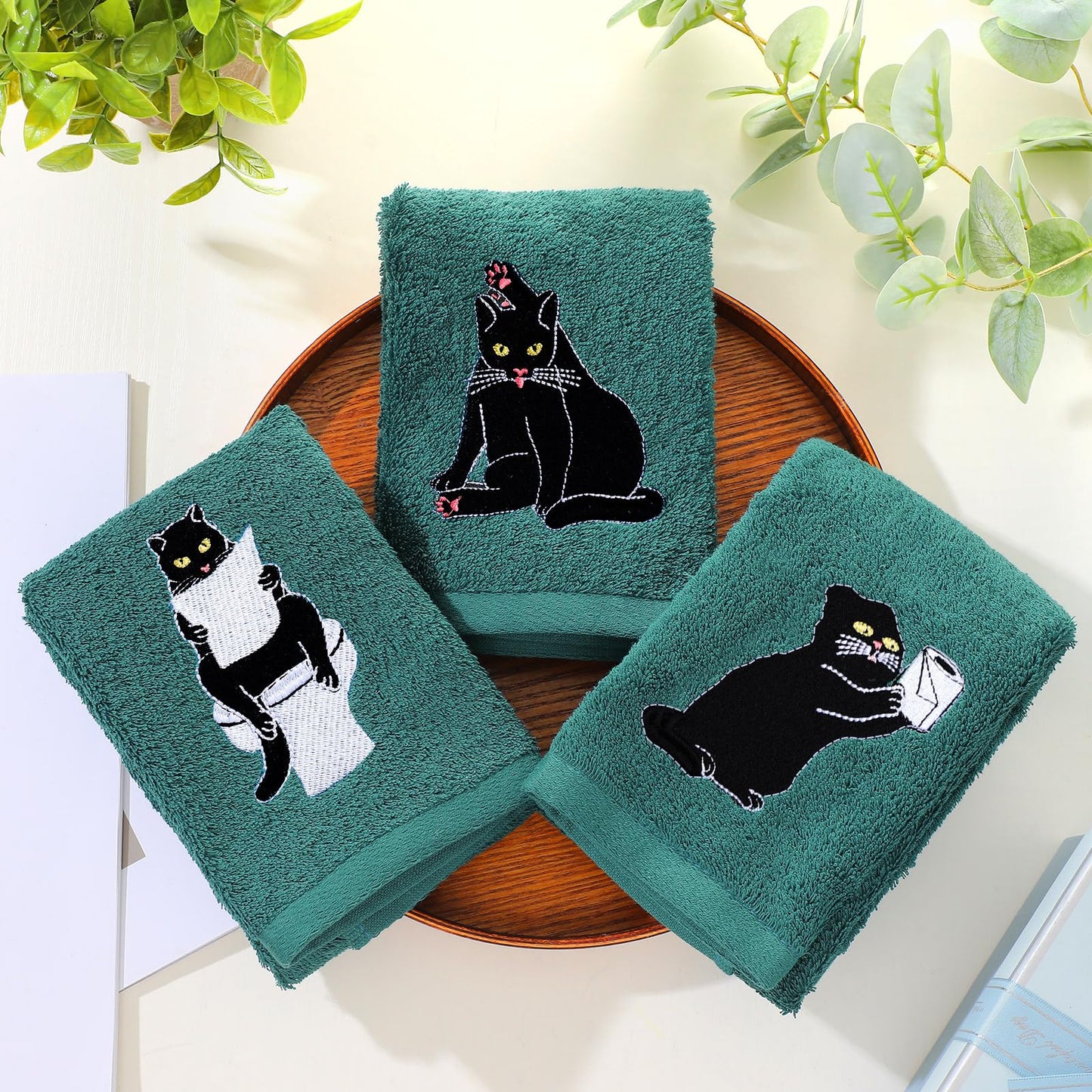 FuWeave 3 Pcs Cat Hand Towels for Bathroom Decor Funny Embroidered Black Cat Halloween Decorative Dark Green Bath Dish Towels for Bathroom Kitchen Decor, 100% Cotton, 13.3 x 29.5''