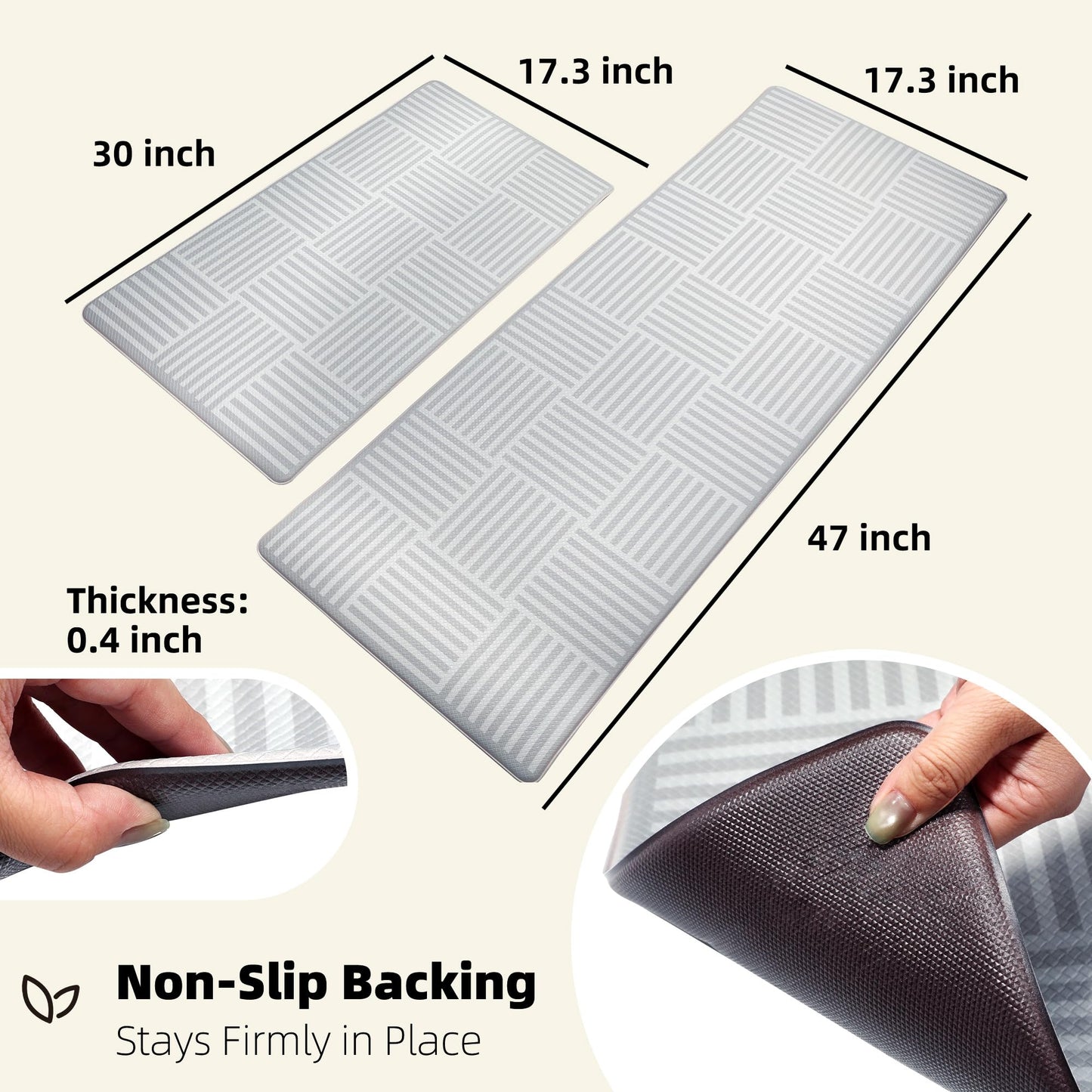 Kitchen Mats For Floor 2 Piece Cushioned Anti Fatigue Kitchen Plaid Rugs Set Non Slip Waterproof Comfort Foam Standing For Laundry,Desk,Office,Bathroom,Apartment Decor,17.3"X29"+17.3"X47",Grey